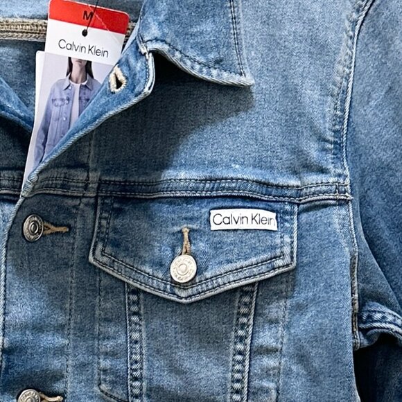 Calvin Klein Women's Classic Trucker Denim Jacket Size M Medium Blue Stretch NEW - Picture 8 of 15